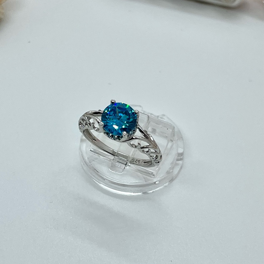 Fashion 925 Sterling Silver Swirl Design Aqua and Clear CZ Ring for women.R12